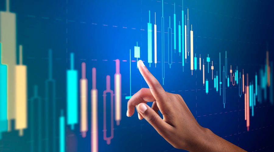 stock market chart virtual screen with woman s hand digital remix 1